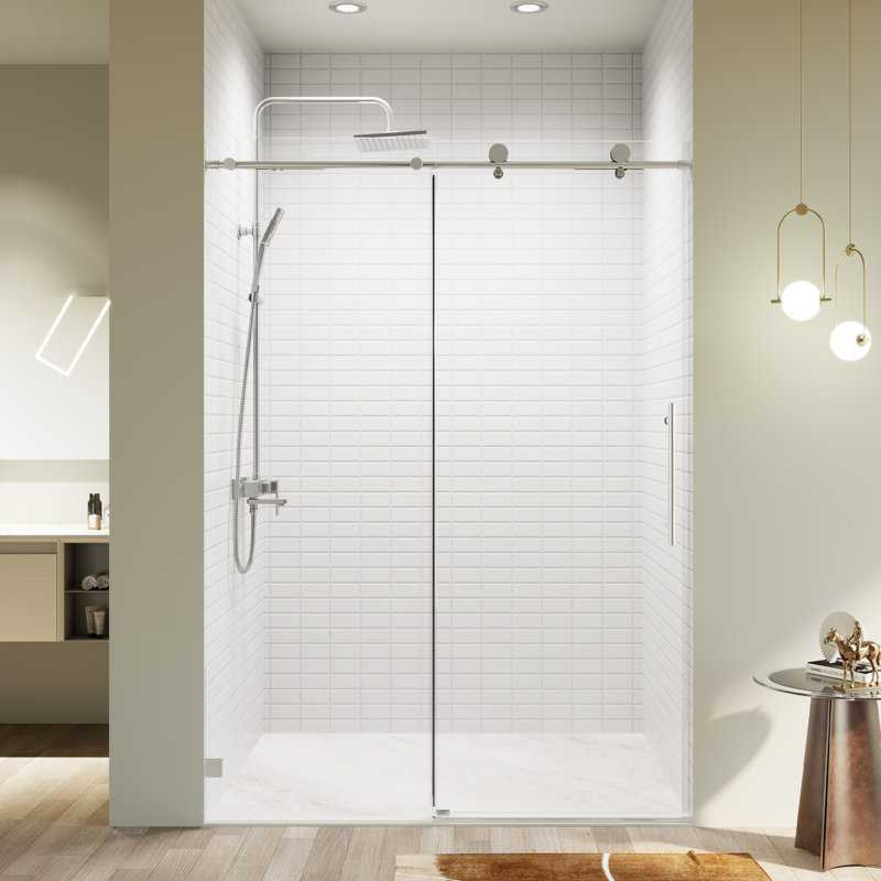 50-54 In W X 76 In H Shower Door, Frameless Single Sliding With Soft-Close 5/16 In Tempered Glass Door Smooth Rollers Stainless Steel Hardware Modern Bathroom Enclosure For Spacious Shower Experience