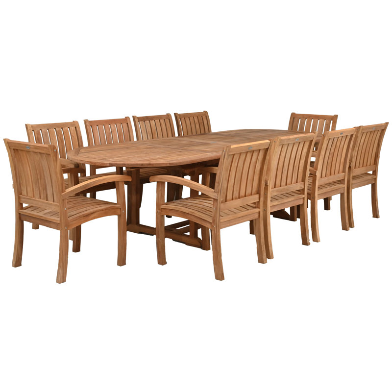 Ensemble de salle à manger 11 pièces en bois de teck avec table à rallonge ovale double et 10 chaises Abacho