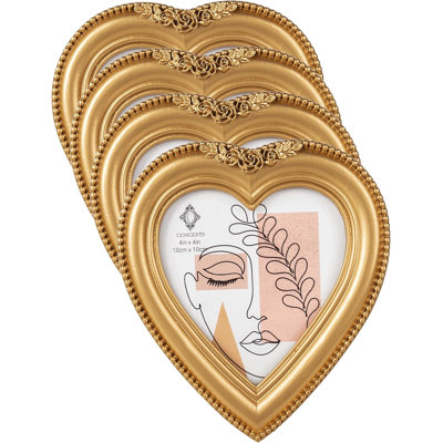 Set Of 4 4" X 4" Gold Beaded Resin Heart Picture Frames With Glass Front