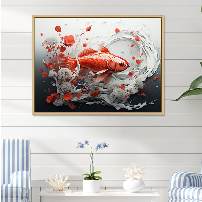 «Kois» rouge et gris nageant avec sérénité I sur toile, Cadre naturel flottant, H 24 po x l 32 po x P 1 po