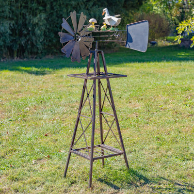Grand moulin à vent en fer de 59,8 po avec mère canard et nouveau-né sur girouette