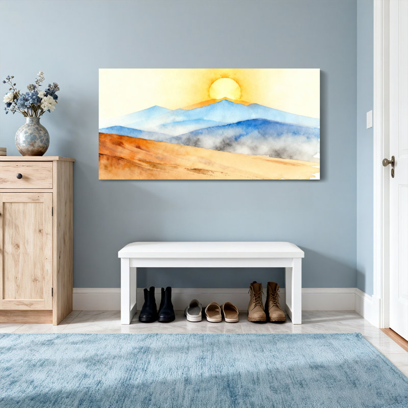 «Landscape & Nature Sunrise Over Mountain Landscape», art à l'aquarelle, H 24 po x l 48 po