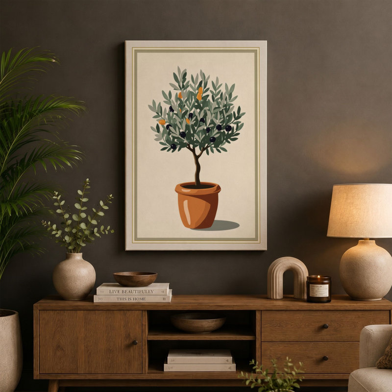 Potted Olive Tree Botanical 1 Piece Wrapped Canvas Wall Art, 30x20 - 76.2 x 50.8 cm, Terracotta Border