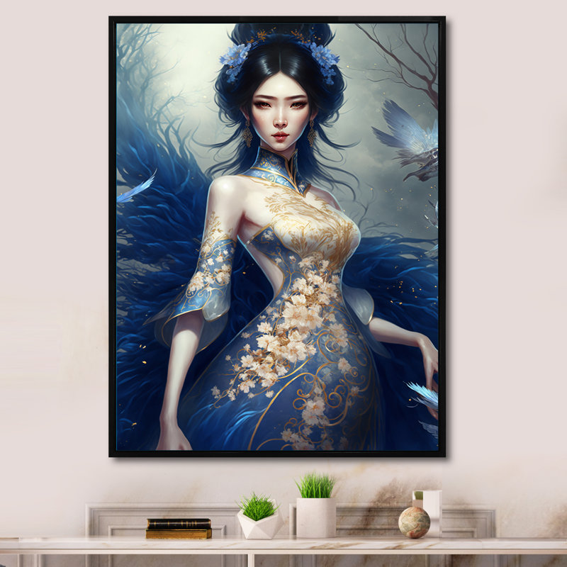 Chaysen, femme d'anime japonaise avec une robe bleue sur toile, H 44 po x l 34 po x P 1,5 po, Cadre flottant noir
