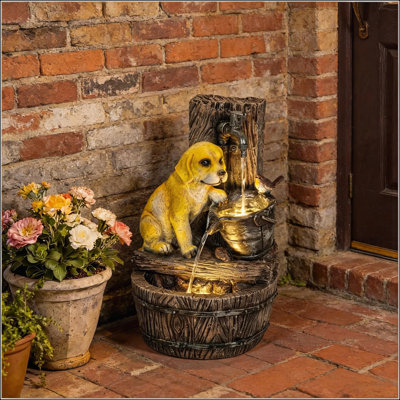 Charming Puppy Theme Rustic Outdoor Fountain with Cascading Tiers and LED Lights for Garden Decor