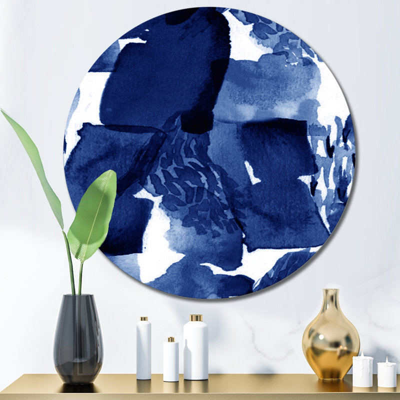Impression abstraite en bleu classique sur fond blanc I - art moderne en cercle métallique, H 36 po x l 36 po