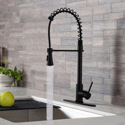 Matte Black Kitchen Faucet, Pull Down Spray, Single Handle Spring High Arc, Spot Surface, 304 Stainless Steel Construction Modern , 304, 23.62" Overall Height