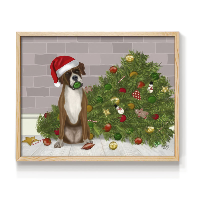 Boxer de Noël et arbre de Noël cassé - impression encadrée - réarmable, H 8 po x l 10 po, Naturel
