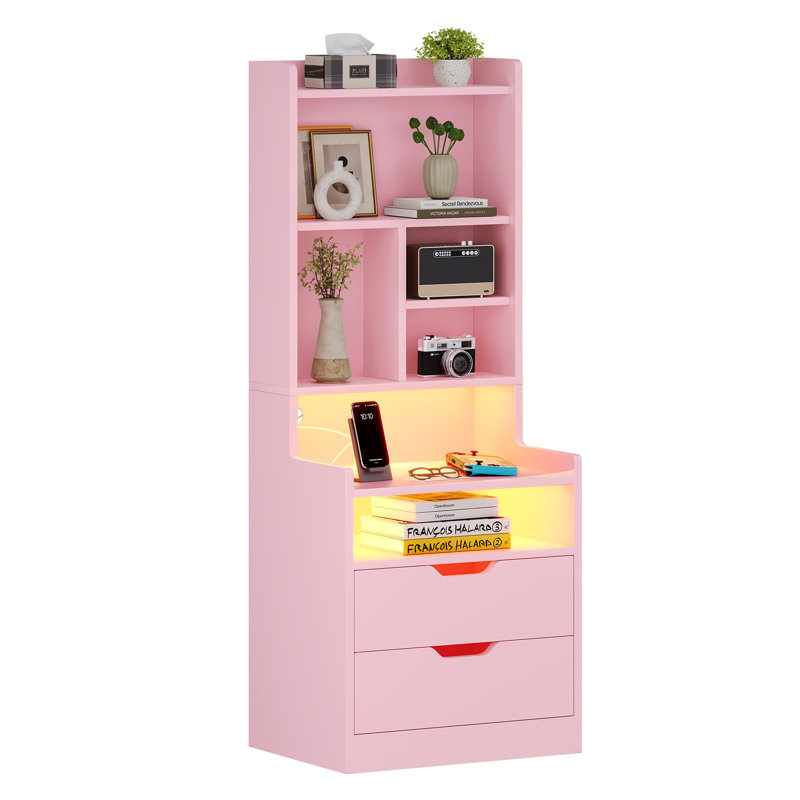 Charley-Marie 2 - Drawer Nightstand,50" Tall Nightstand with Charging Station and LED Lights, Pink