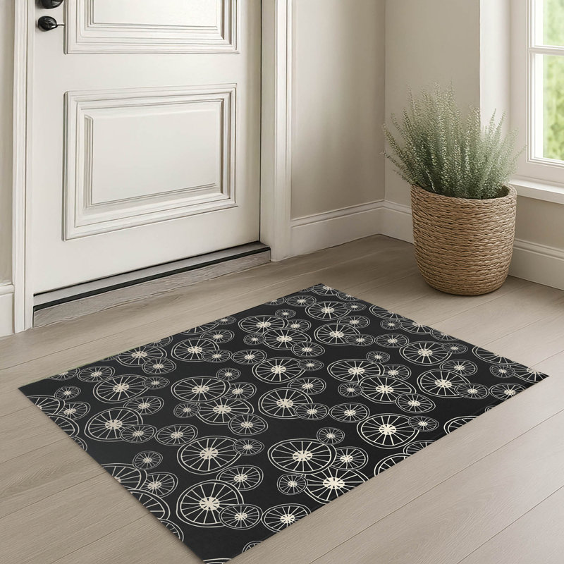 Tapis d'entrée intérieur ultra mince, léger et antidérapant à motif de roue à rayons, Midnight Charcoal, 48" W x 72" L