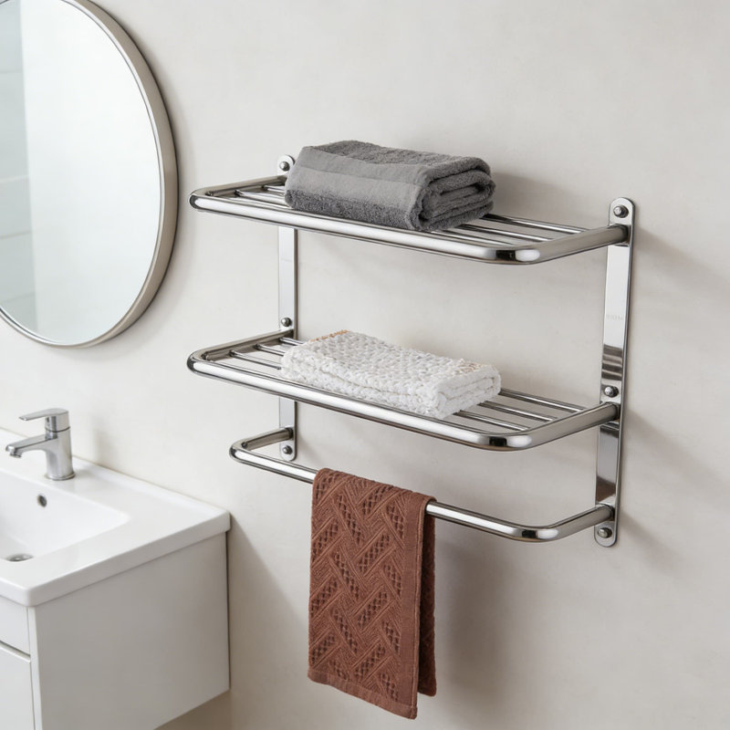 Étagère à serviettes flottante à 2 niveaux avec tablette à serviettes, rangement mural robuste en acier inoxydable, quincaillerie de fixation incluse