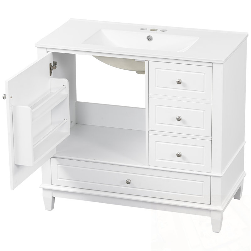 Meuble-lavabo avec lavabo, 3 tiroirs et tablettes de porte, Blanc