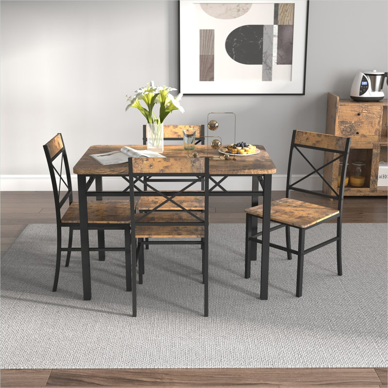 Ensemble de table de salle à manger compacte pour 4 personnes avec chaises, panneau de fibres à densité moyenne rectangulaire et métal en noir de jais et brun