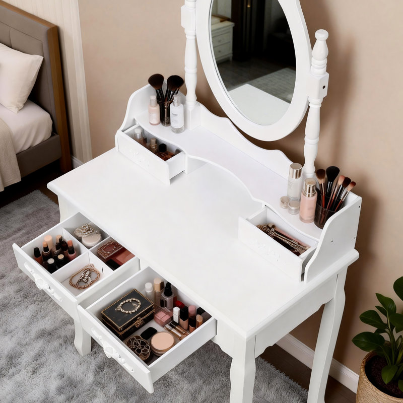 Bureau de meuble-lavabo avec miroir pivotant à 360 °, rangement à 4 tiroirs, finition blanche, tabouret confortable, tiroirs d'organisation soignés, utilisation polyvalente dans la chambre à coucher