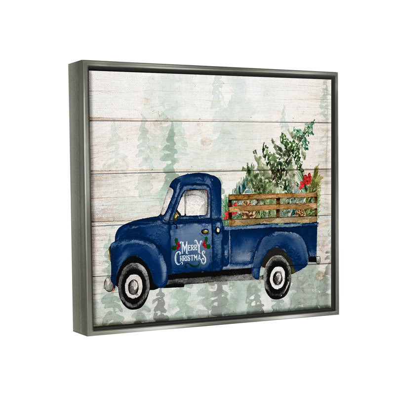«Merry Christmas Blue Holiday» par Kim Allen - impression sur bois, H 17 po x l 21 po x P 1,7 po, Cadre flottant gris lustré