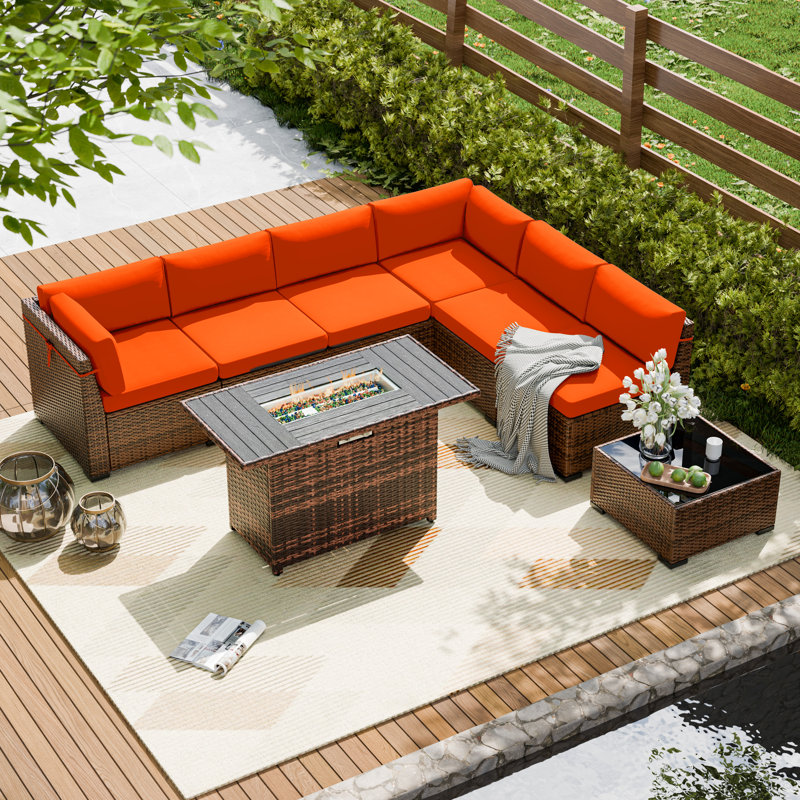 Treyshun 7 Piece Wicker Outdoor Modular Sectional Seating Group with Optional Fire Pit Table, Orange, Yes