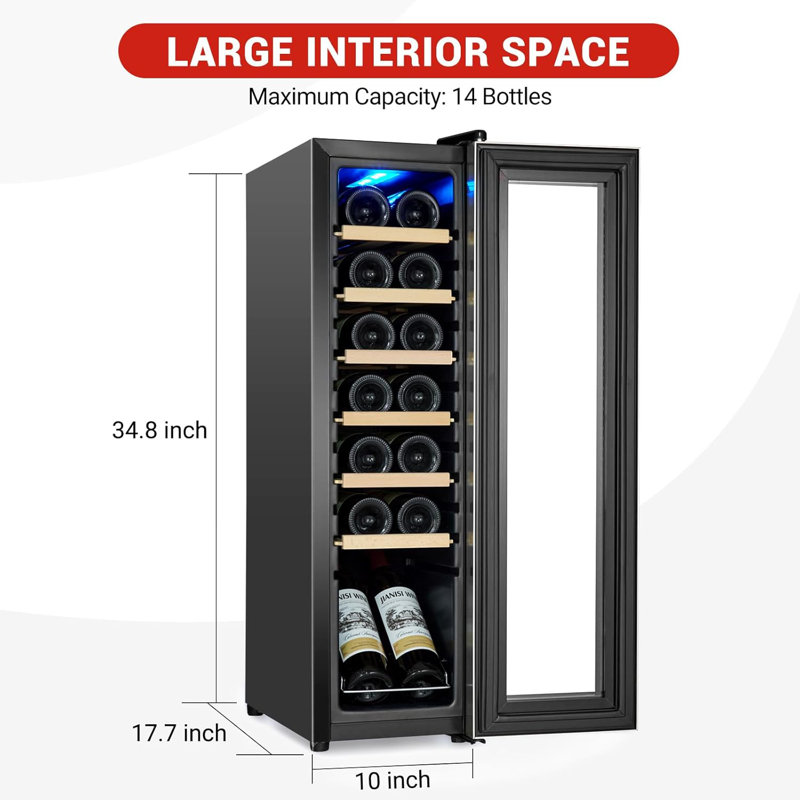 Grande armoire à vin autoportante pour 14 bouteilles, contrôle numérique de la température 41-64 ° F, tablettes réglables en bois, porte vitrée à double vitrage pour bar à la maison, noir