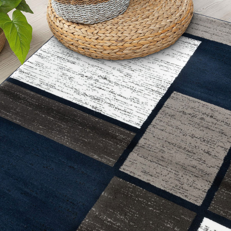 Tapis tissé à motif géométrique bleu marine / gris / blanc Mehul, Navy, Rectangle de 10 pi x 14 pi