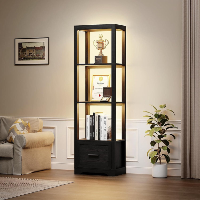 Dimmable Display Cabinet With 3-Color LED Lights & Motion Sensor, Bookshelf With Drawer For Collectibles, Trophies, Toys, And Books