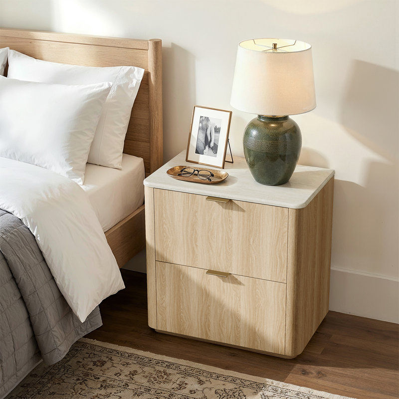 Table de chevet moderne Elaren de 60 cm de haut avec 2 tiroirs, en bois imitation travertin, pour chambre à coucher (ensemble de 2)