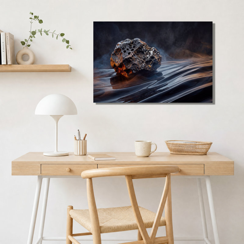 Tableau sur toile représentant une roche volcanique incandescente dans l'eau sombre, 16"H x 24"W