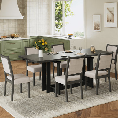 7-Piece Extendable Dining Table Set, Kitchen Table With Removable Leaf And 6 Upholstered Dining Chairs