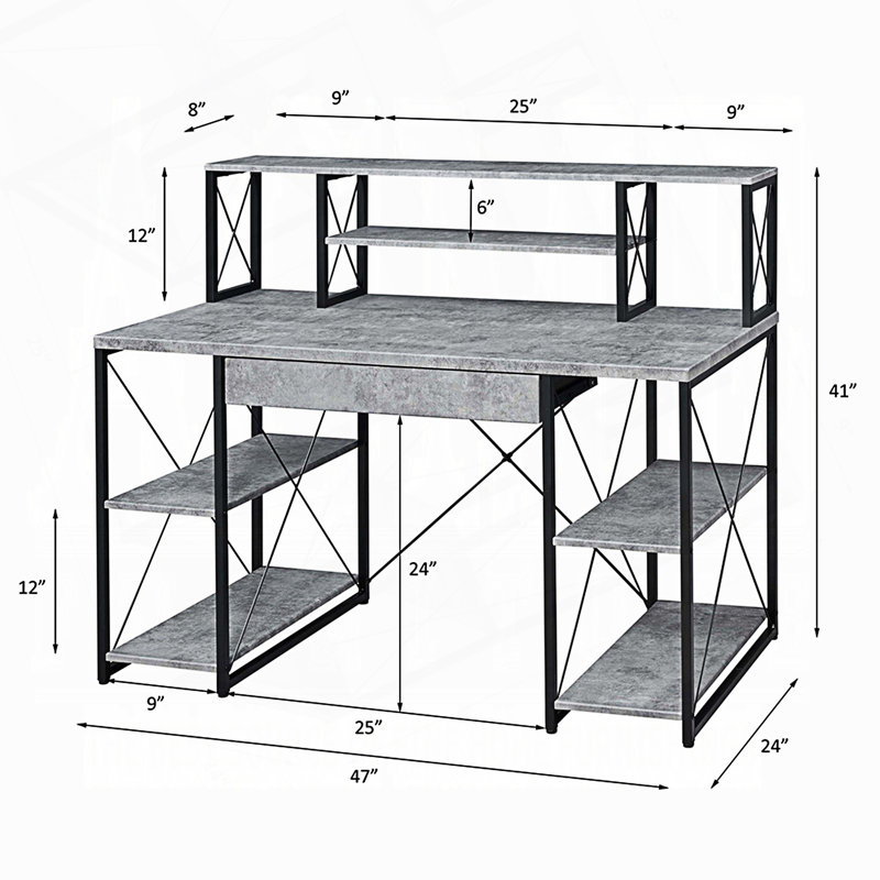 Bureau d'écriture avec un tiroir et 8 compartiments ouverts, Gris / Noir