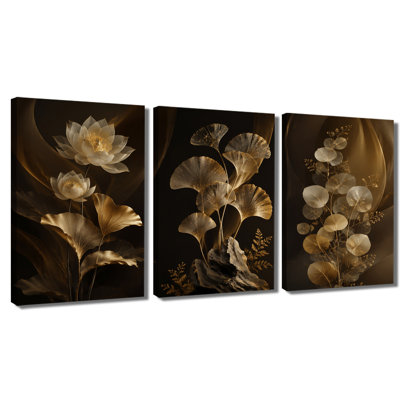 3 panneaux muraux, feuille de lotus Ginkgo doré, impression sur toile botanique de luxe