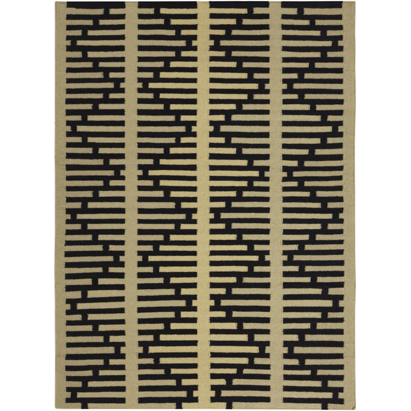 Chevella Authentic Flatwoven Handmade Mellow Green & Black Reversible Modern Zig Zag Wool & Cotton Area Rug, 5' x 7'