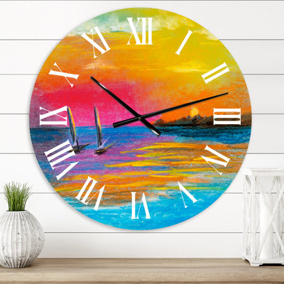 Horloge murale surdimensionnée de petits bateaux arrivant à la côte pendant le coucher du soleil I