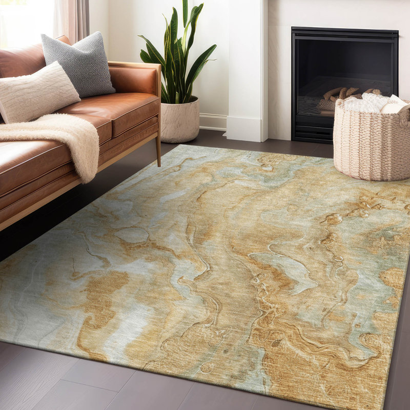 Gold and Beige Abstract Washable Synthetic Area Rug