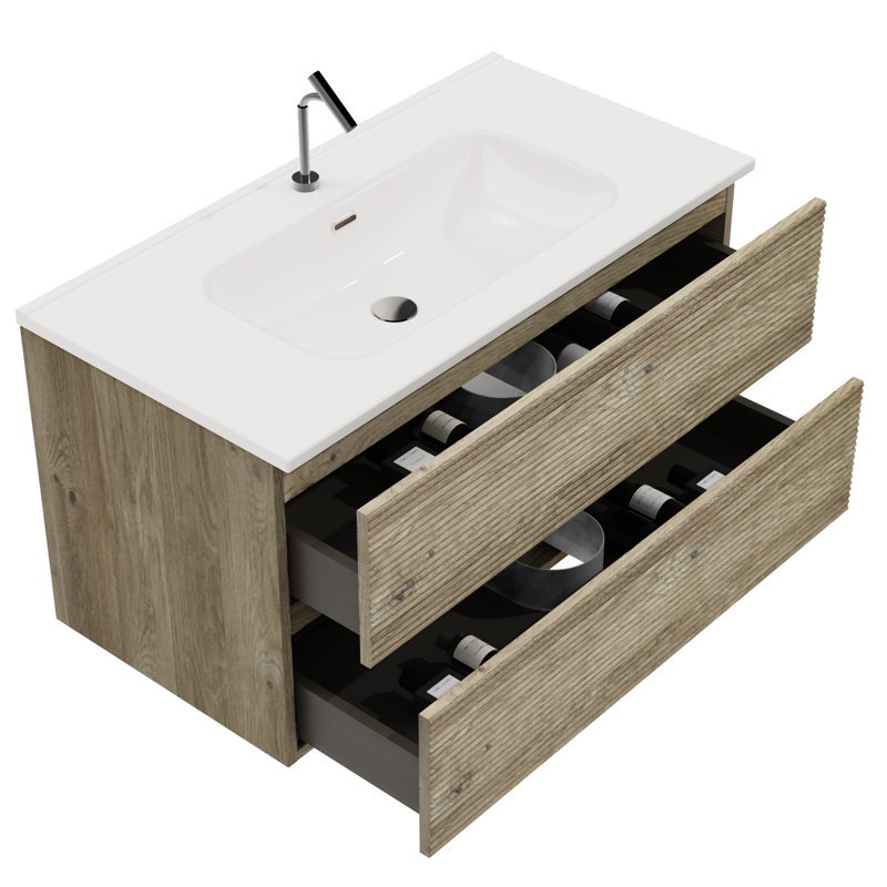 Meuble-lavabo de salle de bain en chêne brut, lavabo à débordement, glissières silencieuses, style poignée, matériau flottant de 36 po de catégorie E1 dans un lavabo en céramique, tiroirs à fermeture en douceur, espace minimaliste de 20%