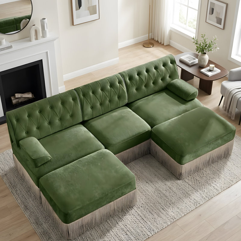 U-shaped, breathable, comfortable fringe-trimmed sofa, 34.2" H x 106.1" W x 60.3" D, Green Velvet