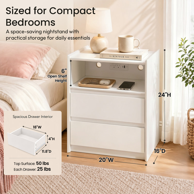 Modern 20" Nightstand with Charging Station, 2 Drawers and Open Shelf, White, Individual
