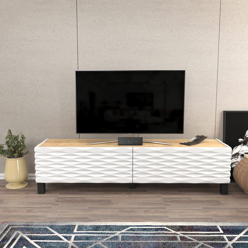 Meuble télé moderne avec motif géométrique 58,7 po x 13,8 po x 15,0 po | 100% panneau de particules enduit de mélamine, épaisseur: 0,7 pouce | Élégant et fonctionnel pour les salons, durable et élégant