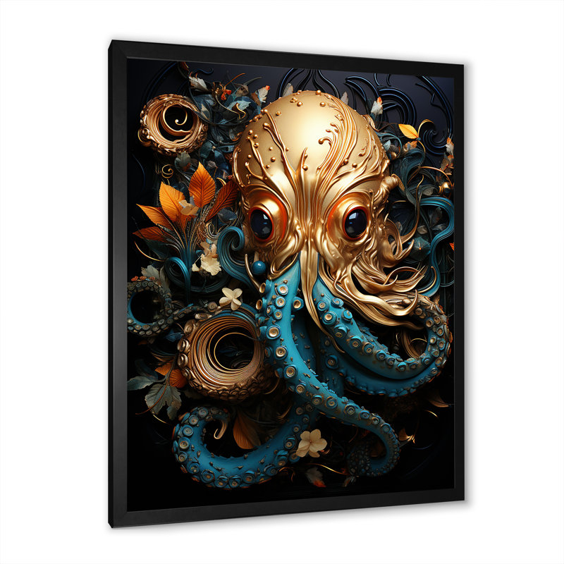 Pieuvre dorée sous l'eau sur toile, H 20 po x l 12 po x P 1 po, Cadre simple noir