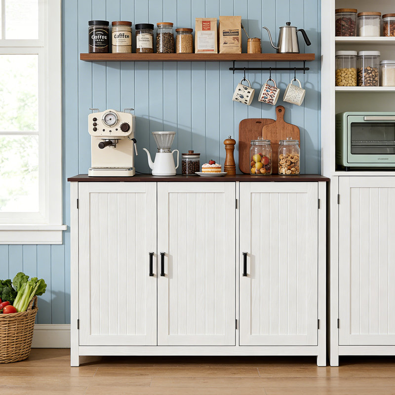47.2" Farmhouse Buffet Cabinet With Storage, Kitchen Storage Cabinet With Doors And Adjustable Shelves, Rustic Kitchen Credenza, Wooden Sideboard Cabinet For Kitchen, White