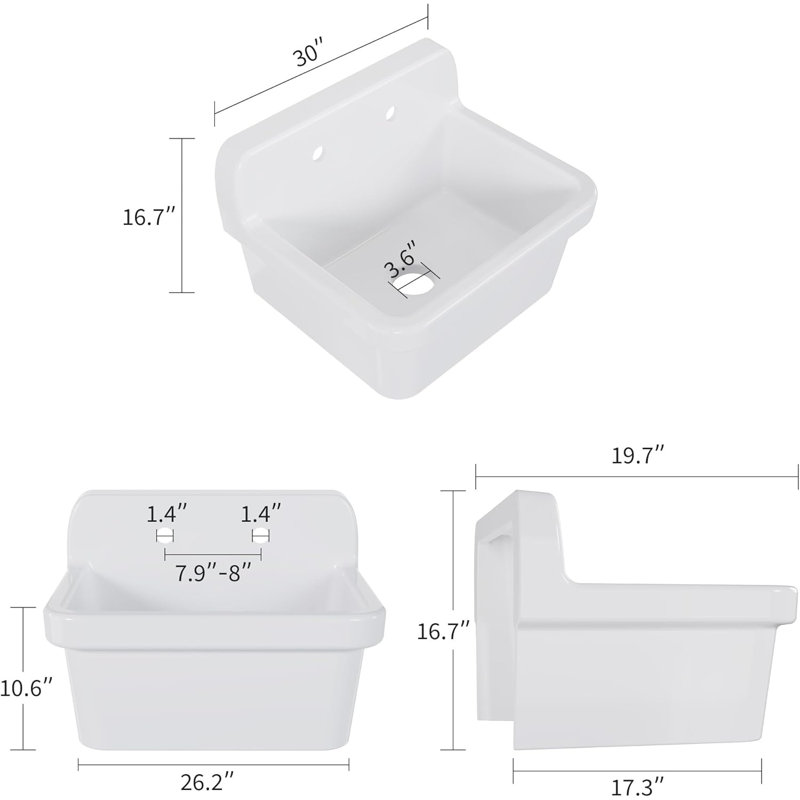 Wall Mounted Utility Sink 30 x 20 Inch, Ceramic Laundry Sink with High Backsplash, Farmhouse White Tub for Garage, Laundry Room, Kitchen, Bathroom