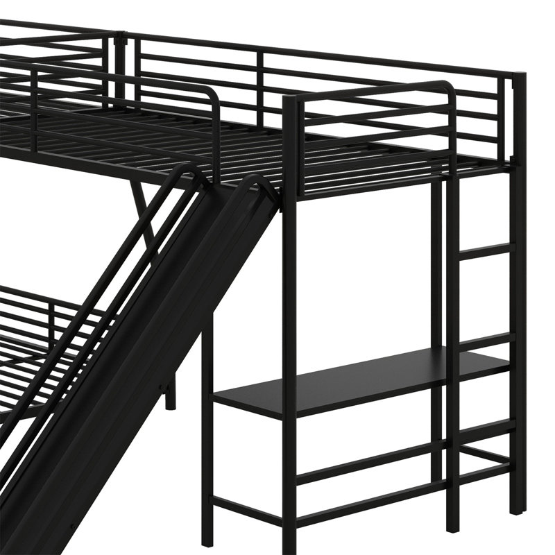 Lit superposé en L avec lit mezzanine, bureau intégré et glissade