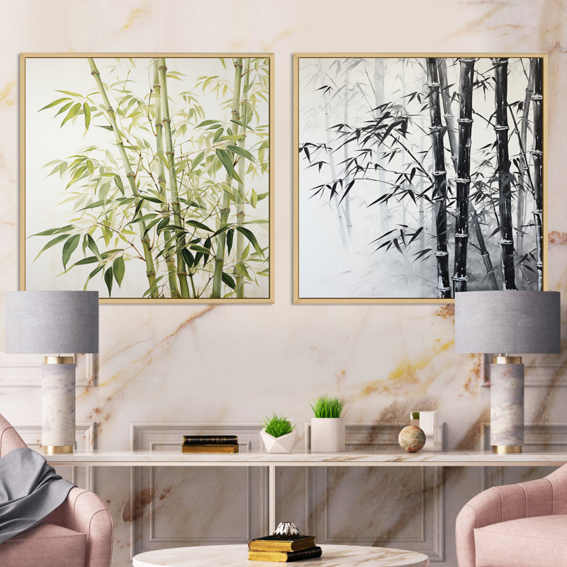 «Mute Bamboo Embrace» - Ensemble de 2 collages carrés en bambou, Cadre flottant brun, H 36 po x l 73 po