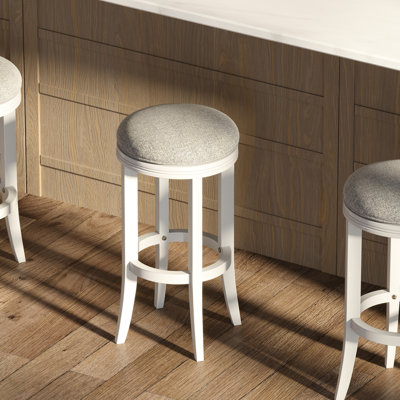 Bar en bois de 31 po de hauteur avec dossier sans dossier, siège pivotant gris rembourré, structure blanche, pivotement à 360 °, repose-pieds en métal, glissières en plastique, l 17 po x P P, siège de 15 po, installation et pivot rapide, diamètre du plancher,