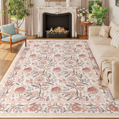 6x9 Rug for Living Room, Soft Vintage Floral Washable Area Rug, Low Pile & Stain Resistant Lightweight Low Pile Indoor Mat for Bedroom, Nursery, Kid Playroom, Dining Room, Home Office, Beige Pink