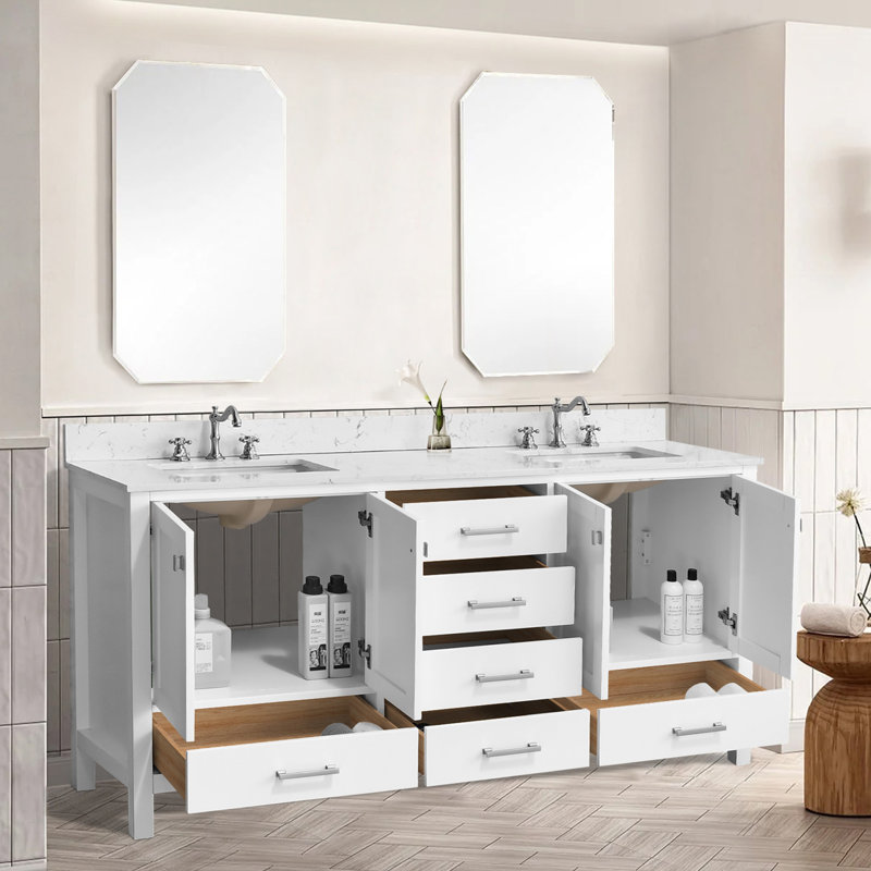 Meuble-lavabo 72 po, meuble-lavabo avec cadre en bois massif, comptoir autoportant avec double cuve, 72"