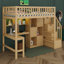 Lit mezzanine simple en bois avec bureau intégré, DEL, tablettes de rangement, armoires et escalier, structure de lit mezzanine peu encombrante-371073415