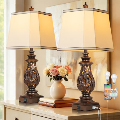 Ensemble de 2 lampes de table de ferme de 29 po, 2 lampes de chevet avec ports USB A + C et veilleuse pour le salon de la chambre à coucher, brun rétro (ampoules DEL incluses)