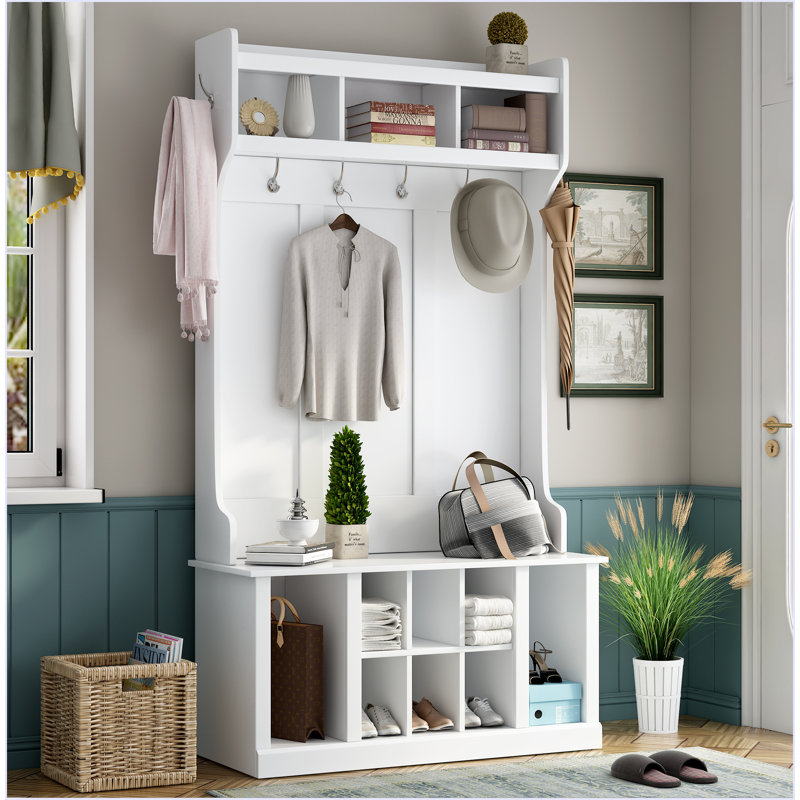 White Solid Wood Hall Tree with Storage and Hooks