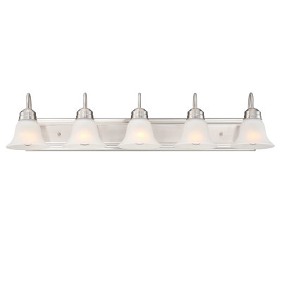 Éclairage pour salle de bain 5 lumières en nickel brossé 36 po avec abat-jour en verre givré