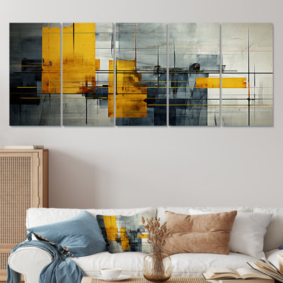Grey And Yellow Abstract Urban Cubist Elegance - Abstract Collages 5 Piece Wall Art Set