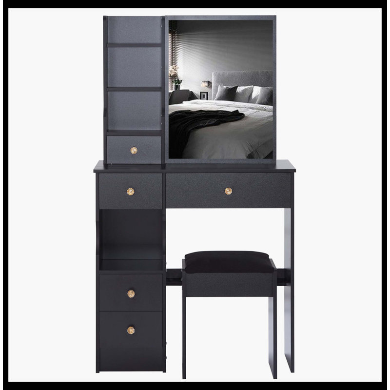Petit meuble-lavabo de 29,2 po avec tabouret de bureau et tabouret rembourré, très grand miroir coulissant à droite, rangement multi-couches à grande capacité, commode pratique et pratique, convient aux petits espaces