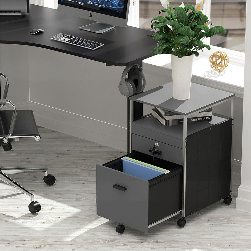 Rolling Mobile File Cabinet with 2 Drawers & Open Shelf, Mobility, 1 File Cabinet Drawer & 1 Lockable Drawer, Gray